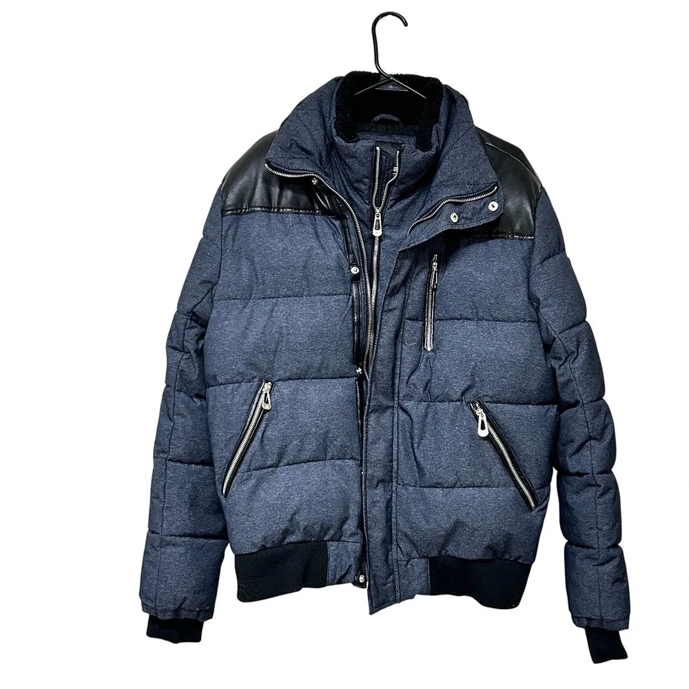 Noize Nick Men's Blue Detachable‎ Hood Faux Fur Trim Puffer Bomber Jacket Size L